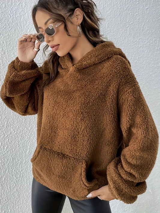 Women’s Teddy Pullover Hoodie – Oversized Fleece With Kangaroo Pocket for Fall Layering