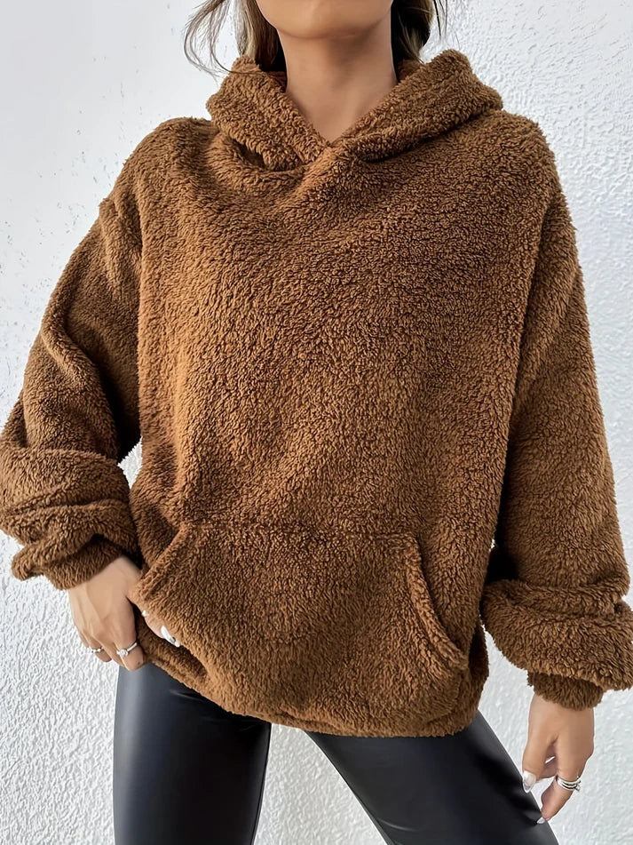 Women’s Teddy Pullover Hoodie – Oversized Fleece With Kangaroo Pocket for Fall Layering