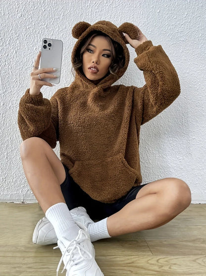 Women’s Teddy Pullover Hoodie – Oversized Fleece With Kangaroo Pocket for Fall Layering
