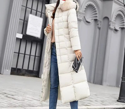 Belted Long Puffer Coat With Faux Fur Trim