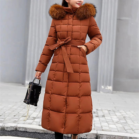 Belted Long Puffer Coat With Faux Fur Trim