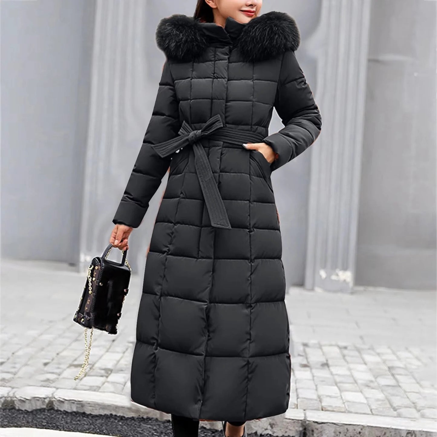 Belted Long Puffer Coat With Faux Fur Trim