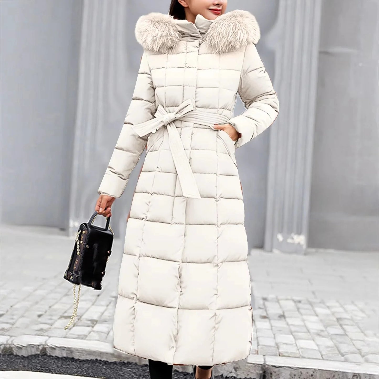 Belted Long Puffer Coat With Faux Fur Trim