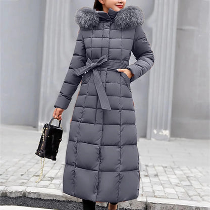 Belted Long Puffer Coat With Faux Fur Trim