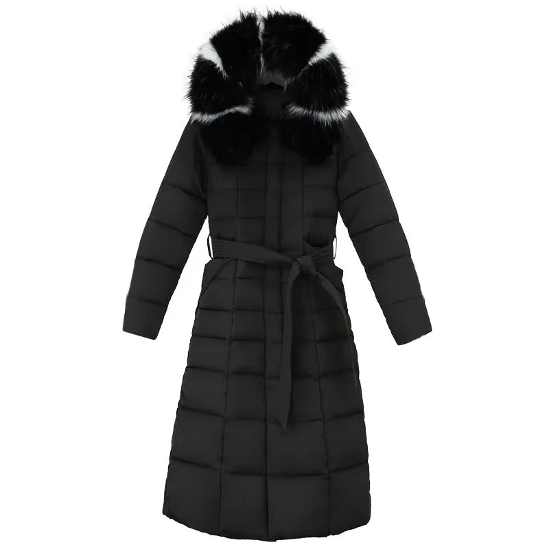 Belted Long Puffer Coat With Faux Fur Trim