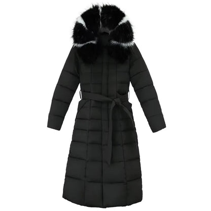 Belted Long Puffer Coat With Faux Fur Trim