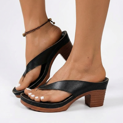 Block Heel Sandals - Cross-Over Toe Post, Non-Slip Sole, Vegan Leather