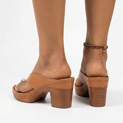 Block Heel Sandals - Cross-Over Toe Post, Non-Slip Sole, Vegan Leather