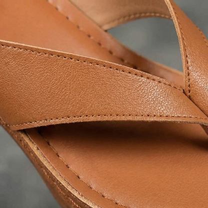 Block Heel Sandals - Cross-Over Toe Post, Non-Slip Sole, Vegan Leather