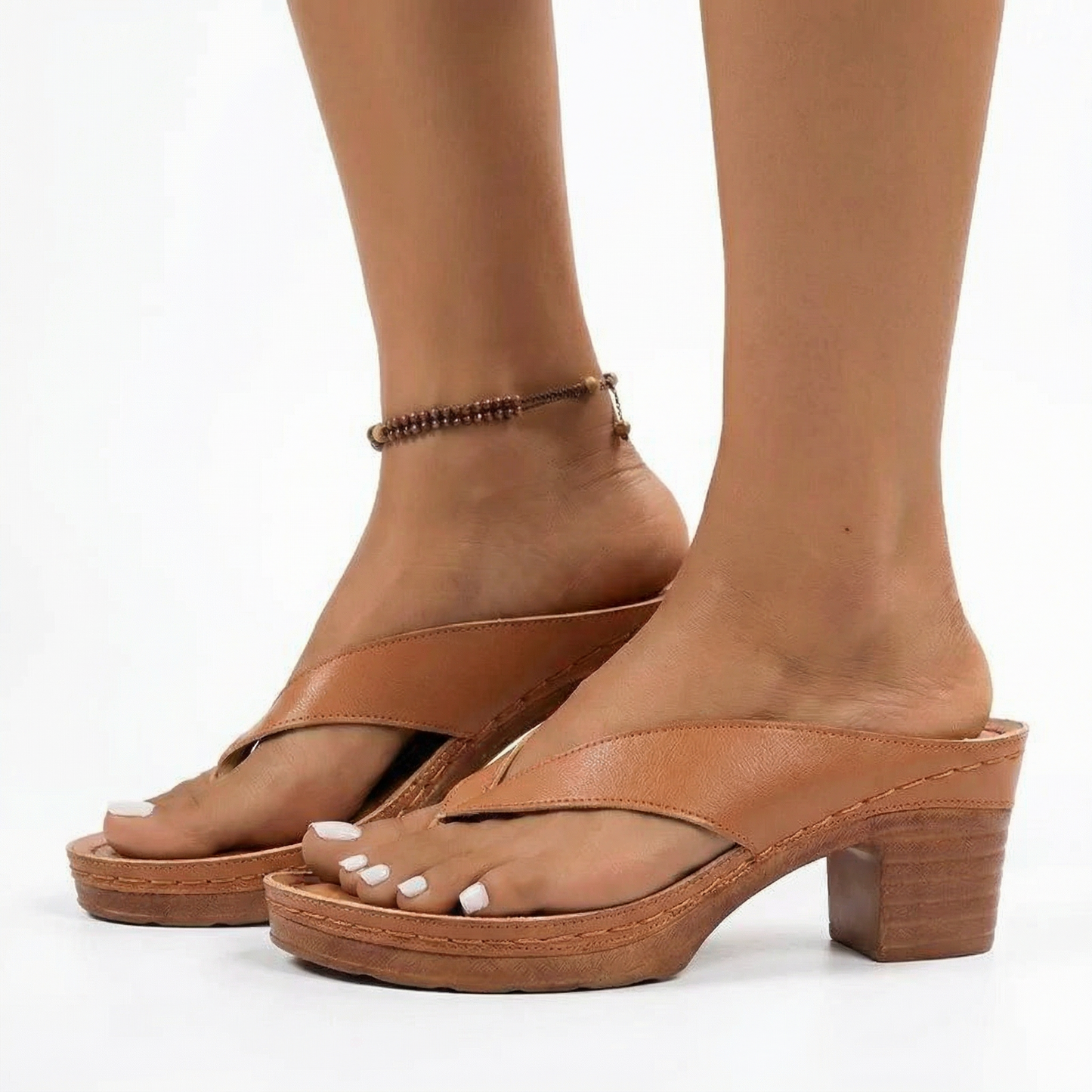 Block Heel Sandals - Cross-Over Toe Post, Non-Slip Sole, Vegan Leather
