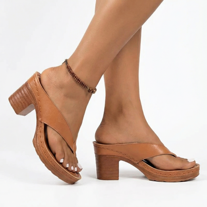 Block Heel Sandals - Cross-Over Toe Post, Non-Slip Sole, Vegan Leather