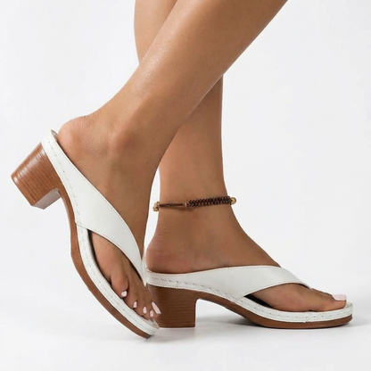 Block Heel Sandals - Cross-Over Toe Post, Non-Slip Sole, Vegan Leather