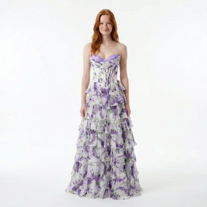 Blush A-Line Prom Dress - Sweetheart Neckline, Floral Ruffles, Side Slit