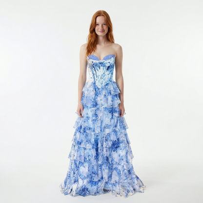 Blush A-Line Prom Dress - Sweetheart Neckline, Floral Ruffles, Side Slit