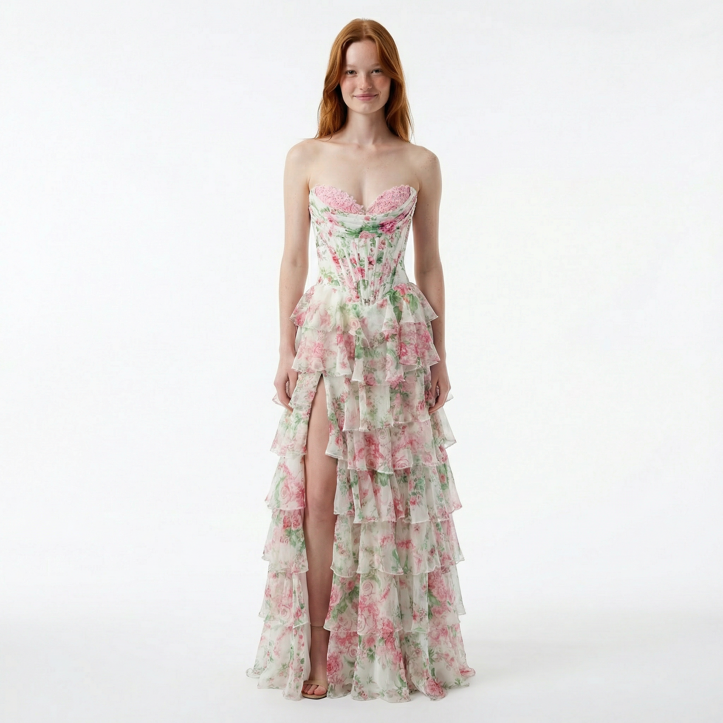 Blush A-Line Prom Dress - Sweetheart Neckline, Floral Ruffles, Side Slit
