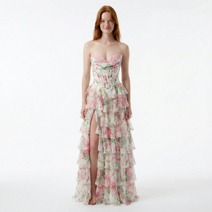 Blush A-Line Prom Dress - Sweetheart Neckline, Floral Ruffles, Side Slit