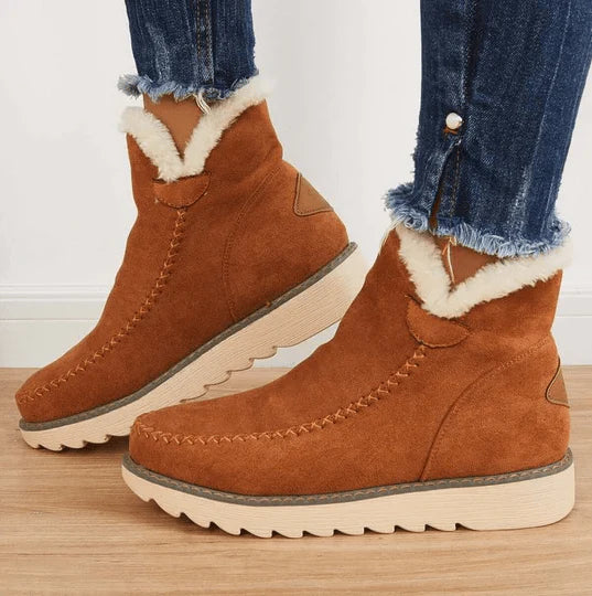 Women’s Mid-Calf Boots – Faux Fur Lined With Suede-Style Upper and Ridged Sole for Fall and Winter