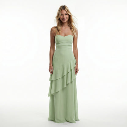 Chiffon Sheath Prom Dress - Spaghetti Straps, Ruffle Detail, Lace-Up Back