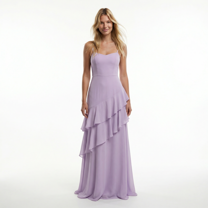 Chiffon Sheath Prom Dress - Spaghetti Straps, Ruffle Detail, Lace-Up Back