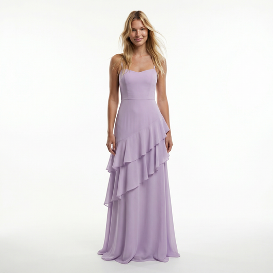 Chiffon Sheath Prom Dress - Spaghetti Straps, Ruffle Detail, Lace-Up Back