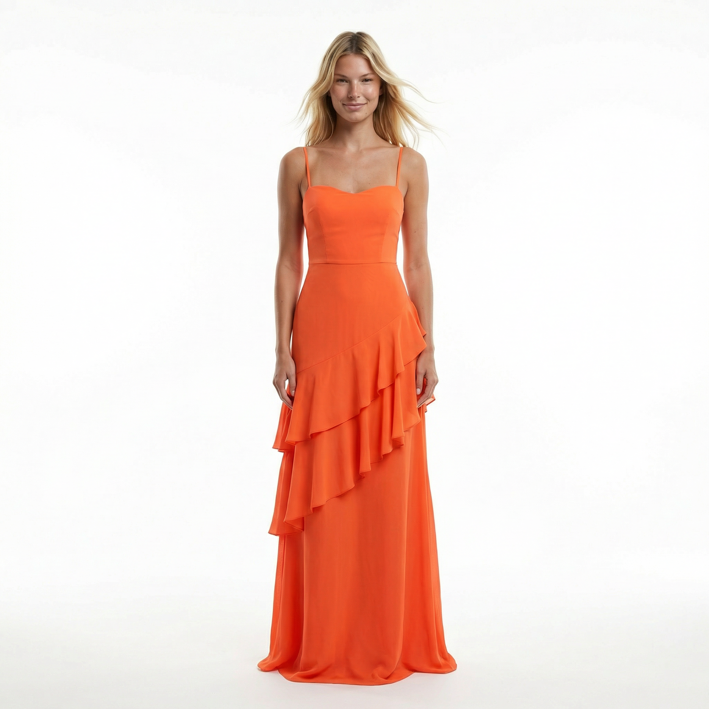 Chiffon Sheath Prom Dress - Spaghetti Straps, Ruffle Detail, Lace-Up Back