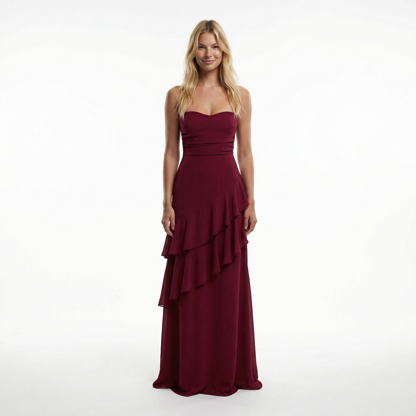 Chiffon Sheath Prom Dress - Spaghetti Straps, Ruffle Detail, Lace-Up Back