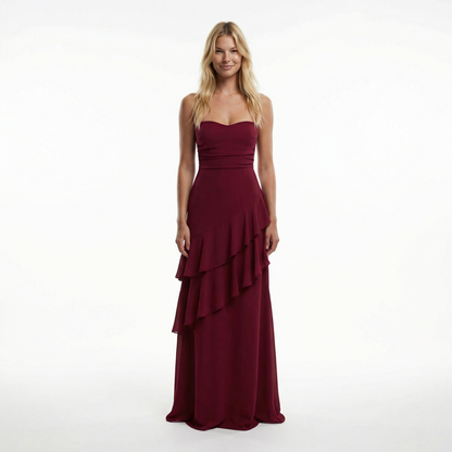 Chiffon Sheath Prom Dress - Spaghetti Straps, Ruffle Detail, Lace-Up Back