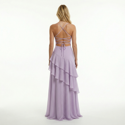 Chiffon Sheath Prom Dress - Spaghetti Straps, Ruffle Detail, Lace-Up Back