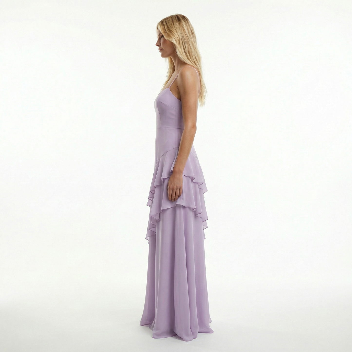 Chiffon Sheath Prom Dress - Spaghetti Straps, Ruffle Detail, Lace-Up Back