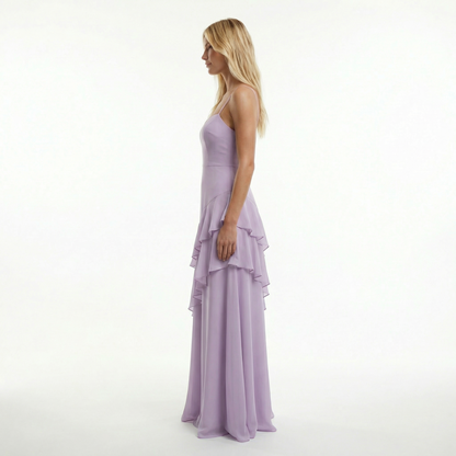 Chiffon Sheath Prom Dress - Spaghetti Straps, Ruffle Detail, Lace-Up Back