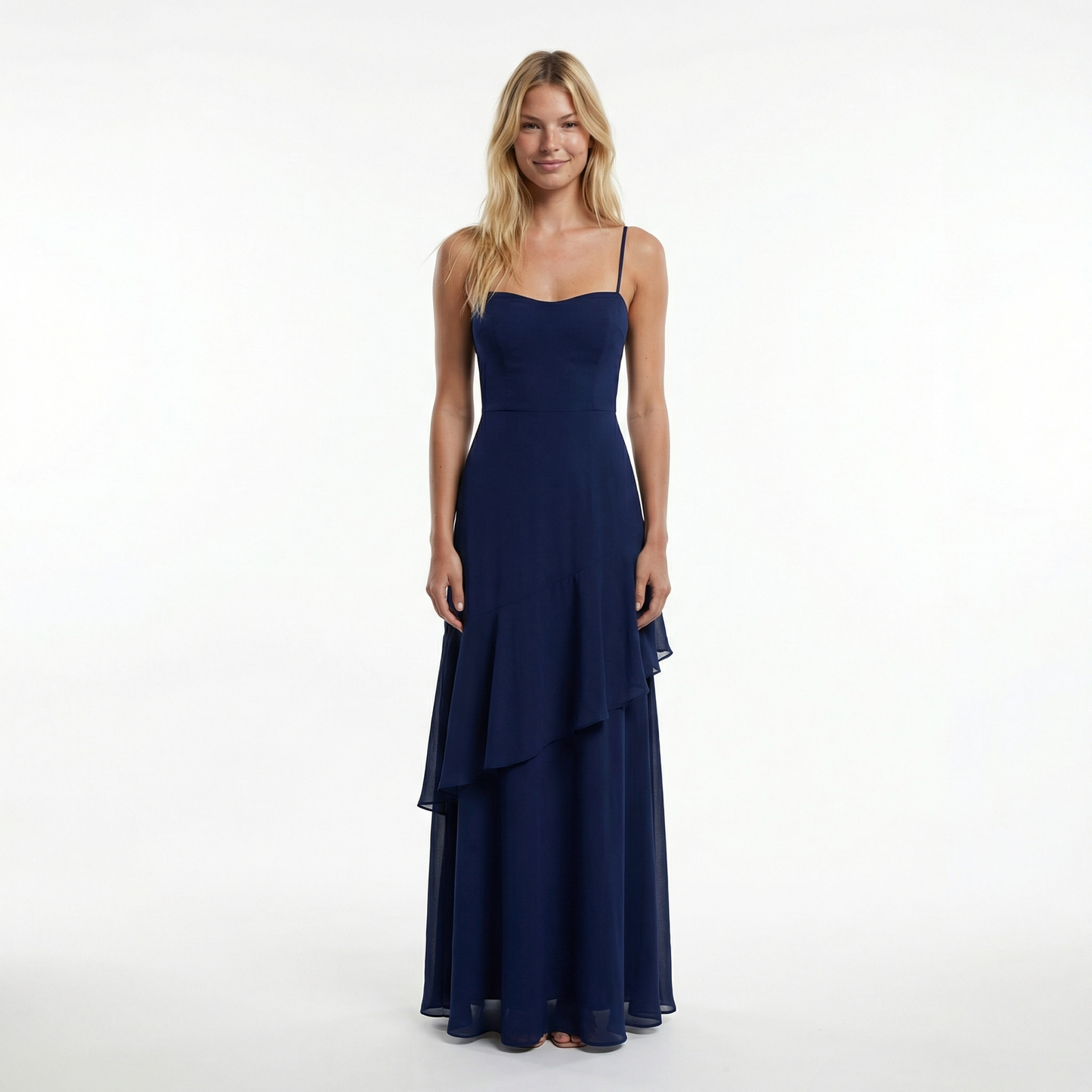 Chiffon Sheath Prom Dress - Spaghetti Straps, Ruffle Detail, Lace-Up Back