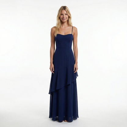 Chiffon Sheath Prom Dress - Spaghetti Straps, Ruffle Detail, Lace-Up Back