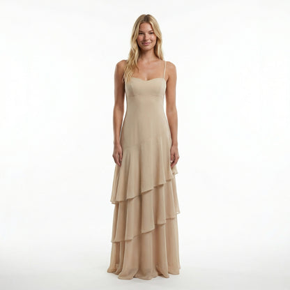 Chiffon Sheath Prom Dress - Spaghetti Straps, Ruffle Detail, Lace-Up Back