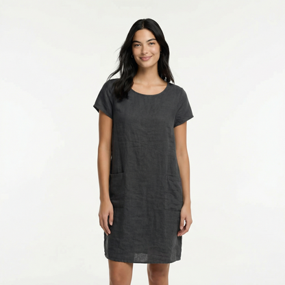 Cotton Midi Summer Dress - Short Sleeves, Relaxed Fit, Pockets