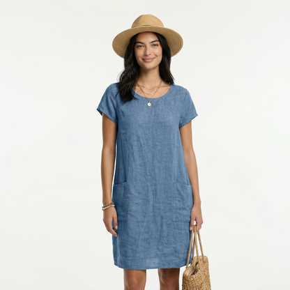 Cotton Midi Summer Dress - Short Sleeves, Relaxed Fit, Pockets