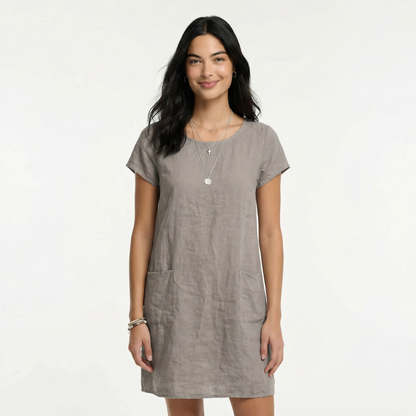 Cotton Midi Summer Dress - Short Sleeves, Relaxed Fit, Pockets