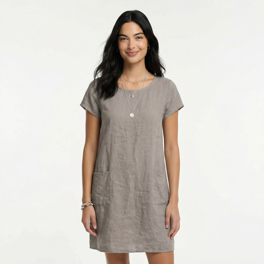 Cotton Midi Summer Dress - Short Sleeves, Relaxed Fit, Pockets