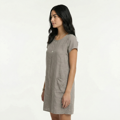 Cotton Midi Summer Dress - Short Sleeves, Relaxed Fit, Pockets