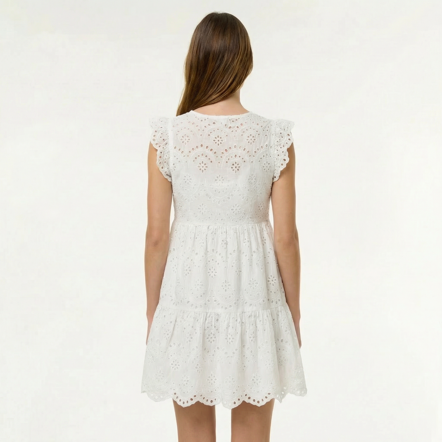 Off White Eyelet Woven Dress - Round Neck, Short Sleeve, Scalloped Hem