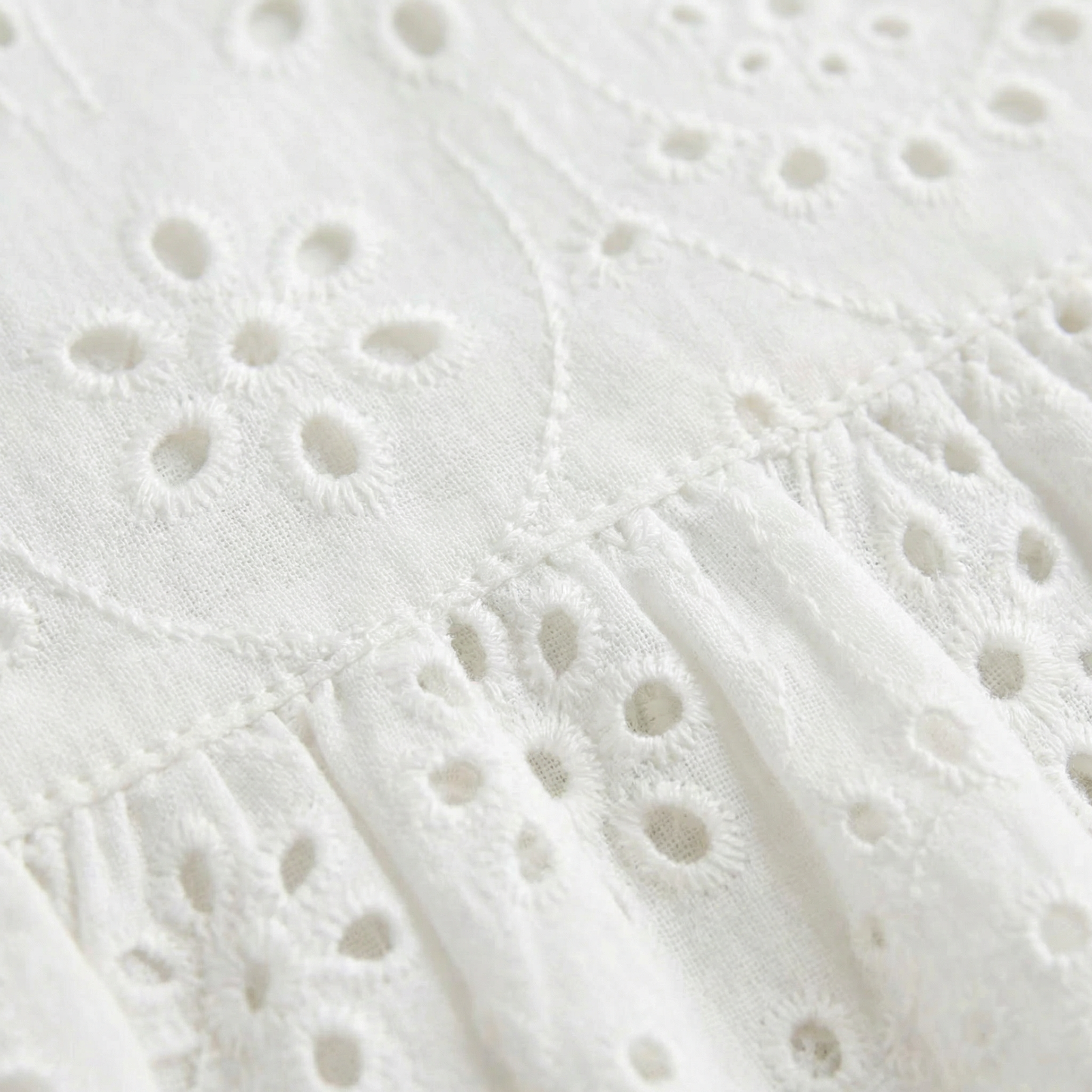 Off White Eyelet Woven Dress - Round Neck, Short Sleeve, Scalloped Hem