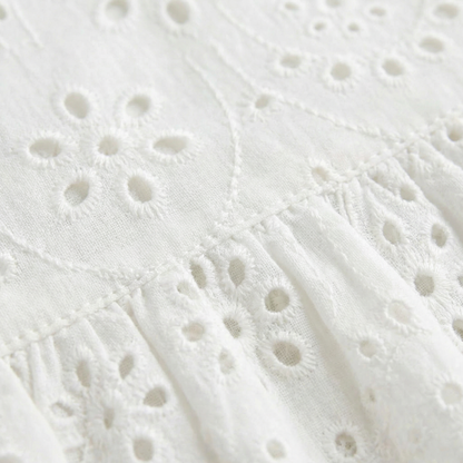Off White Eyelet Woven Dress - Round Neck, Short Sleeve, Scalloped Hem