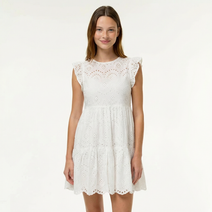 Off White Eyelet Woven Dress - Round Neck, Short Sleeve, Scalloped Hem
