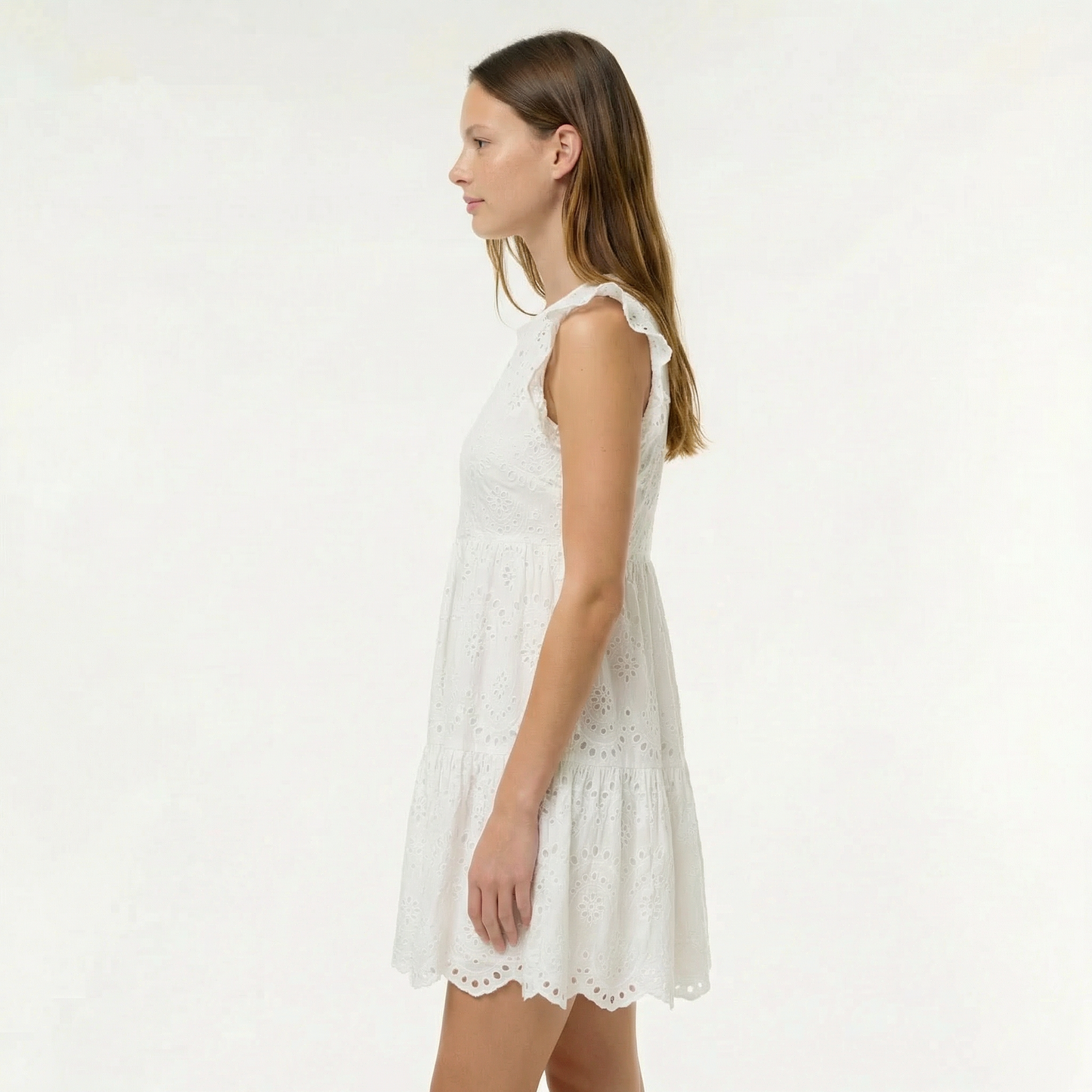 Off White Eyelet Woven Dress - Round Neck, Short Sleeve, Scalloped Hem