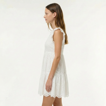 Off White Eyelet Woven Dress - Round Neck, Short Sleeve, Scalloped Hem