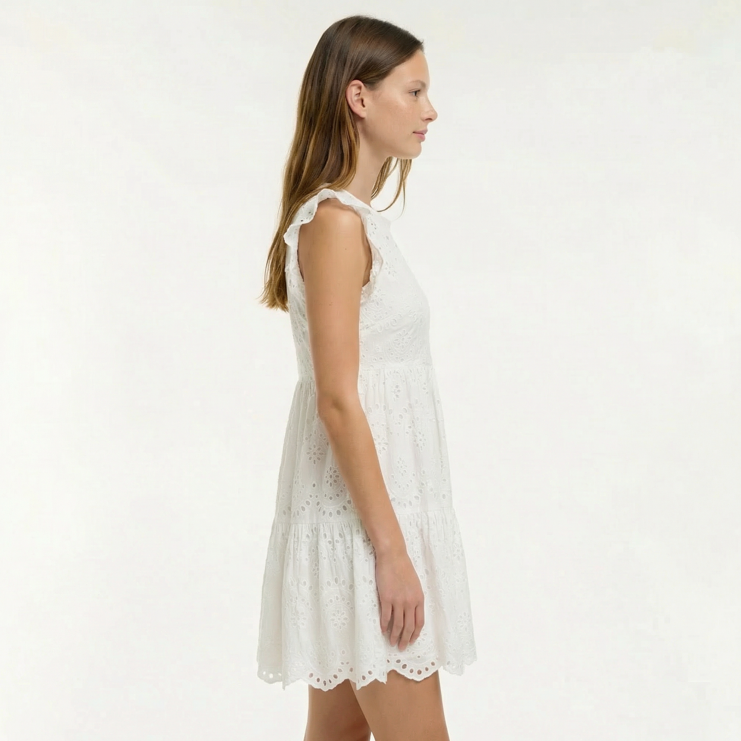 Off White Eyelet Woven Dress - Round Neck, Short Sleeve, Scalloped Hem