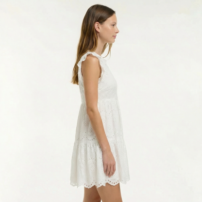 Off White Eyelet Woven Dress - Round Neck, Short Sleeve, Scalloped Hem