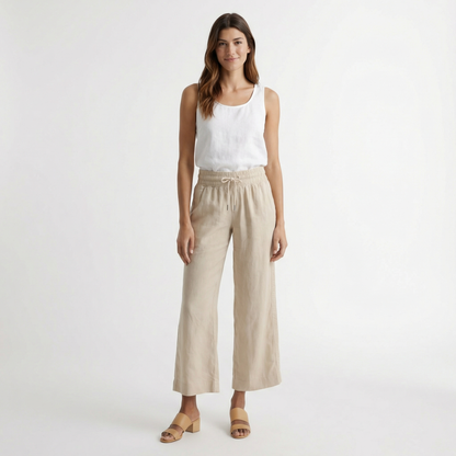 European Linen Wide Leg Pants - Elastic Waist, Drawstring, Front Pockets