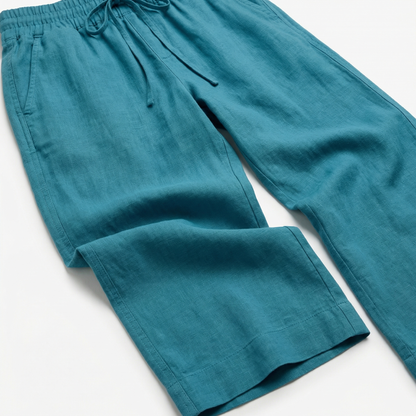 European Linen Wide Leg Pants - Elastic Waist, Drawstring, Front Pockets