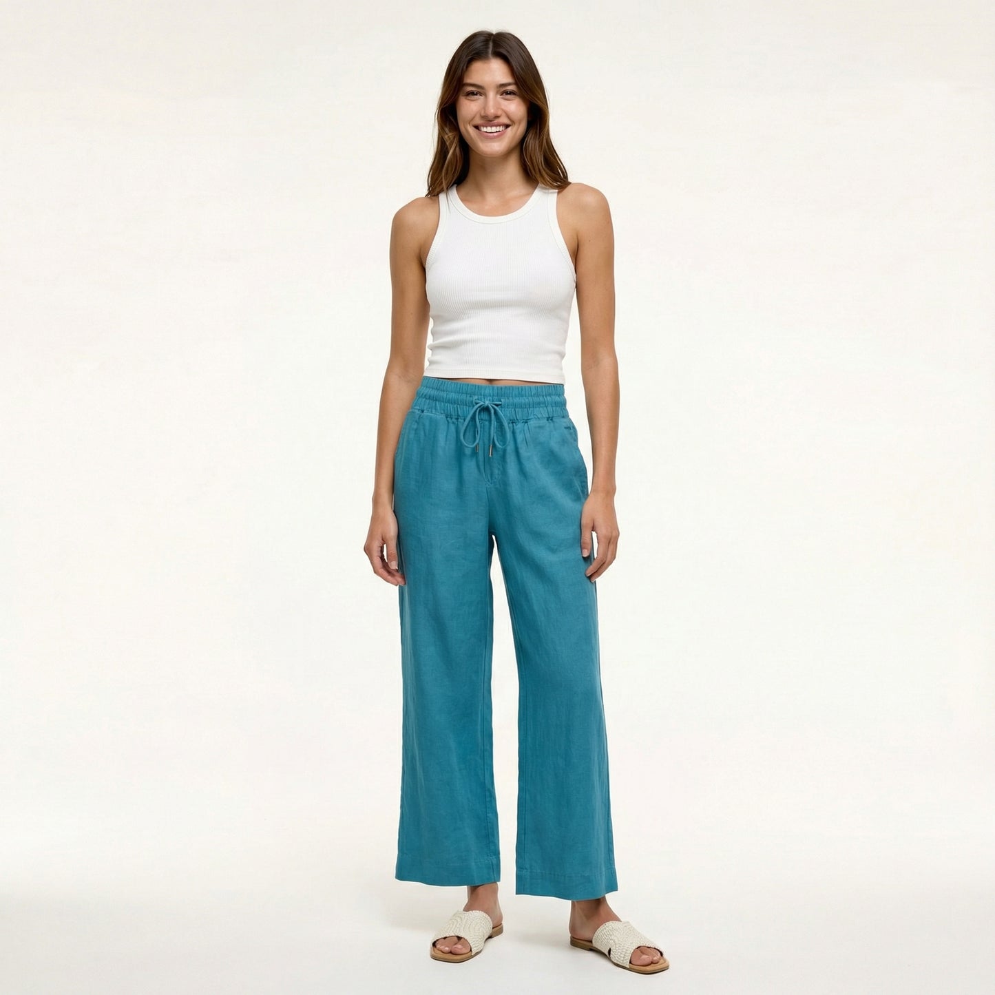 European Linen Wide Leg Pants - Elastic Waist, Drawstring, Front Pockets