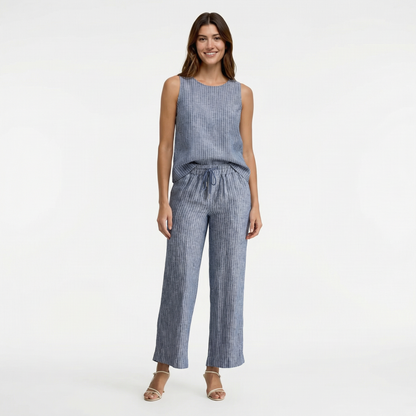 European Linen Wide Leg Pants - Elastic Waist, Drawstring, Front Pockets